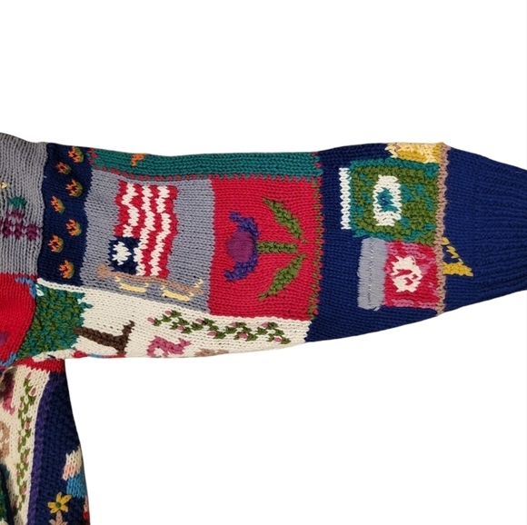 Vintage Northern Isles Hand Knit Granny Nursery Rhyme Patchwork Sweater SZ Large - Picture 8 of 11